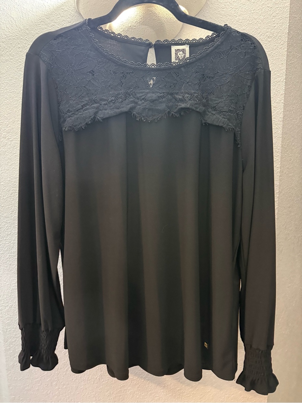 Anne Klein Black Lace Yoke Long Sleeve Women’s Top